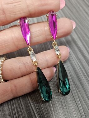 NEW Slim Jewel Tone Pink and Green Drop Earrings